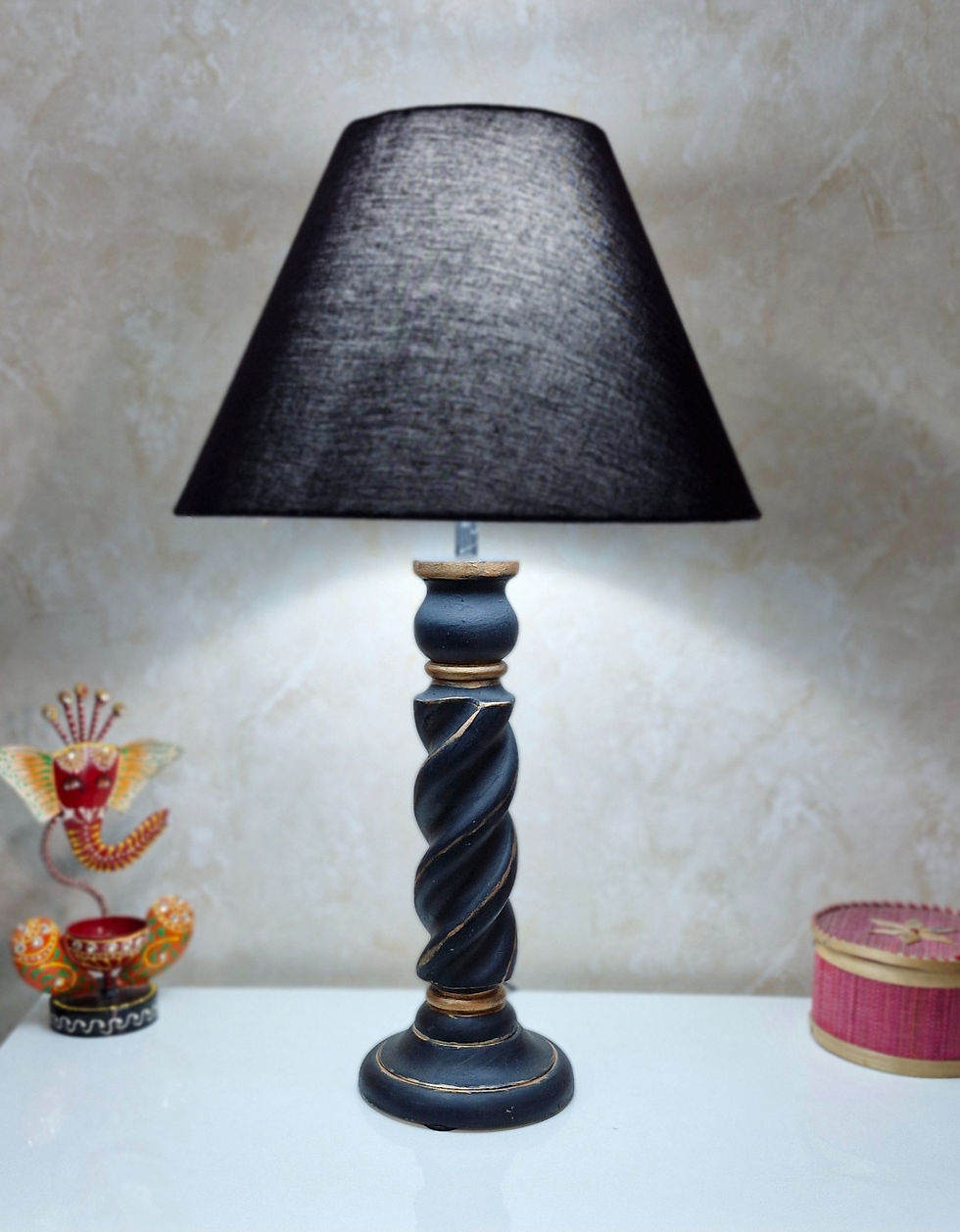 Thumbnail: Lamp with Rope pattern hand carved hand painted Black Gold Color Art