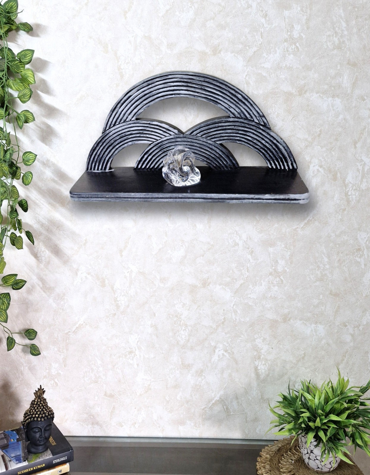 Wall Shelf hand carved rainbow patterns grey Pooja Shelf Wall Decor