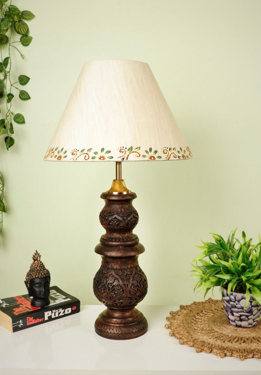 Thumbnail: Table Lamp - Wooden Nawabi Kashmiri Matka Bareek Nakkashi (With Shade)