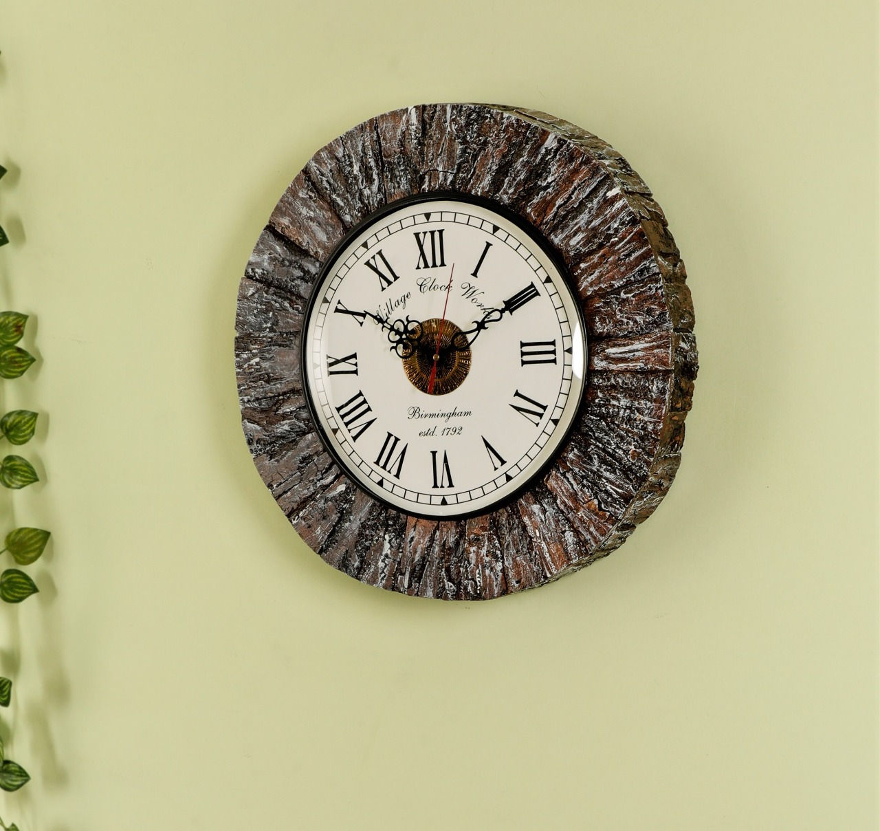 Clock with Tree Bark Lining, Rustic Looks Brown White Polish