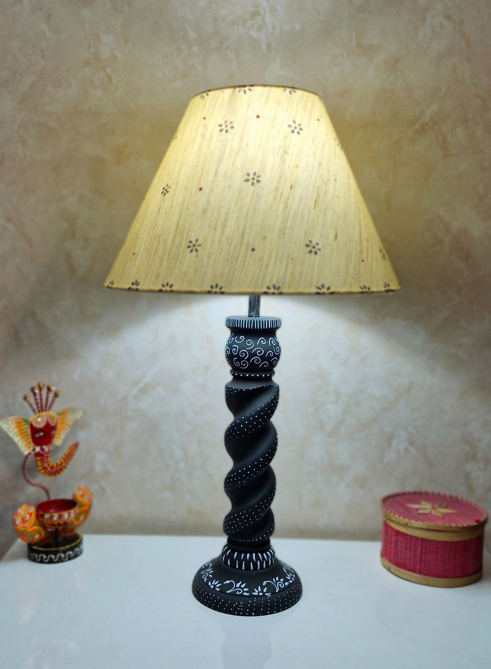 Thumbnail: Lamp with Rope pattern hand carved hand painted Black Color Art Vintage