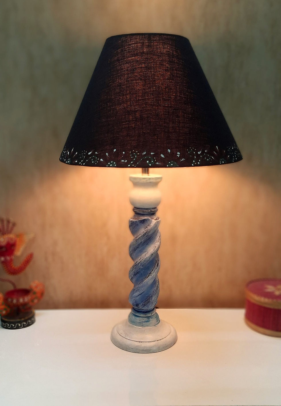Thumbnail: Lamp with Rope pattern hand carved hand painted WhiteBlue Vintage