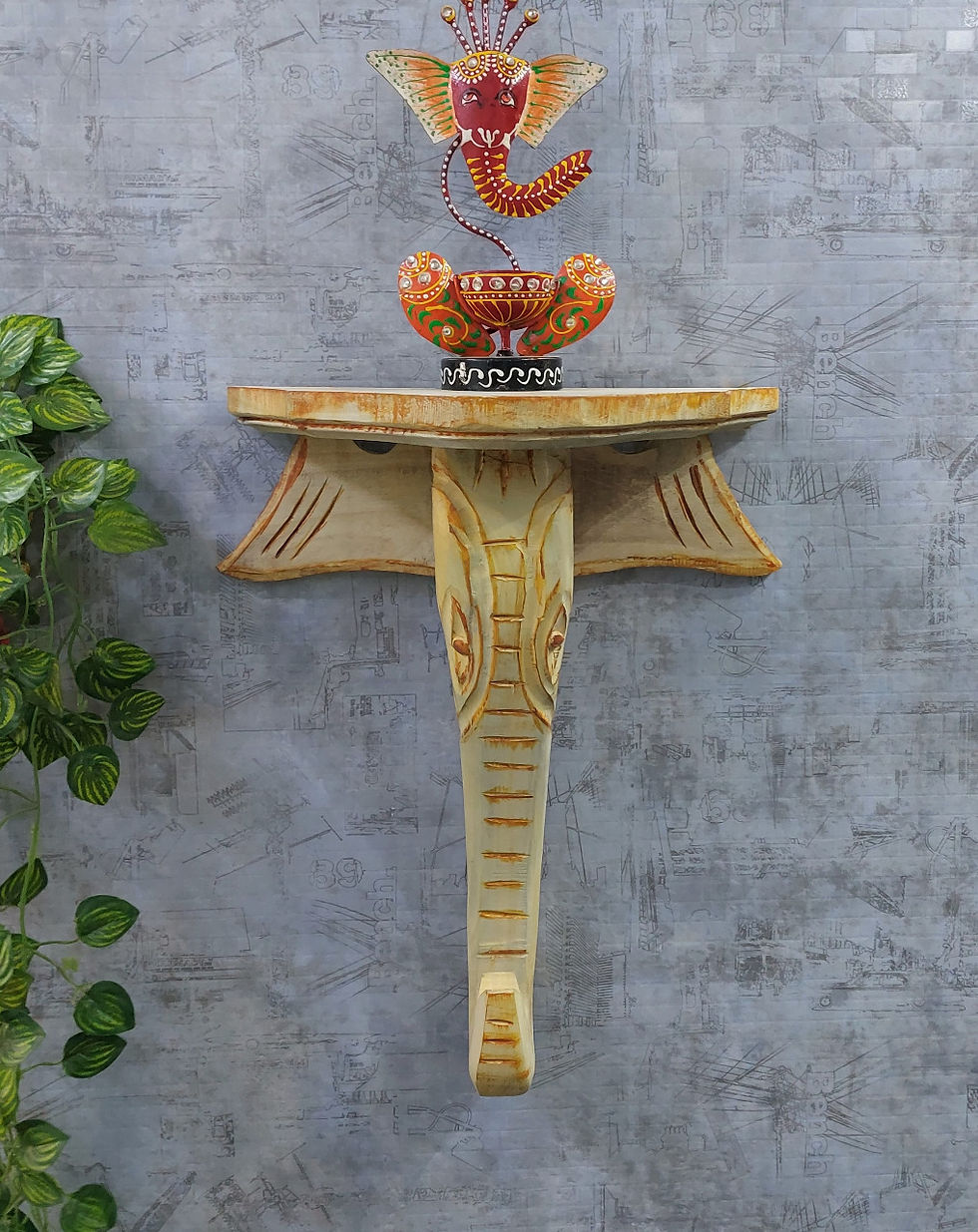 Thumbnail: Wall Shelf Pooja Shelf Wall Art Figurine in Natural Wood Finish (16 inch by 13