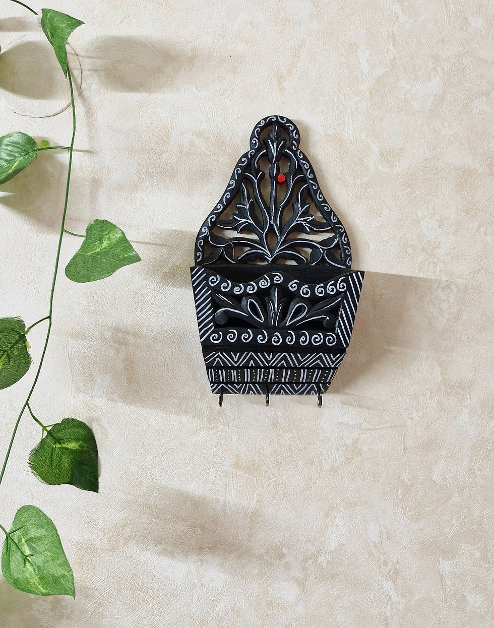 Thumbnail: Key holder Premium Wood hand carving Art work Leafs Black Color