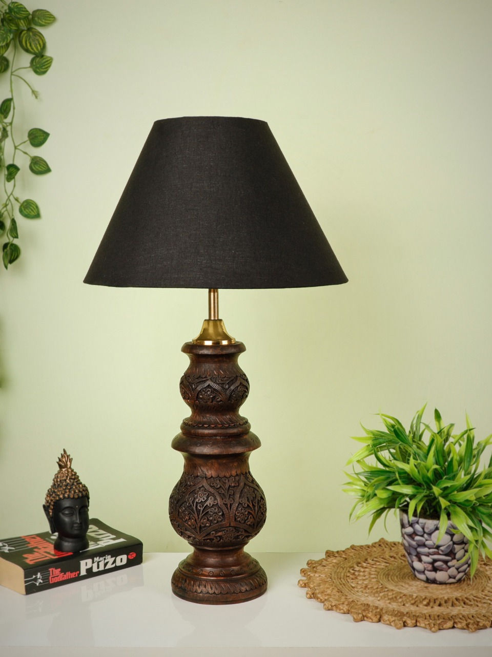 Thumbnail: Table Lamp - Wooden Nawabi Kashmiri Matka Bareek Nakkashi (With Shade)