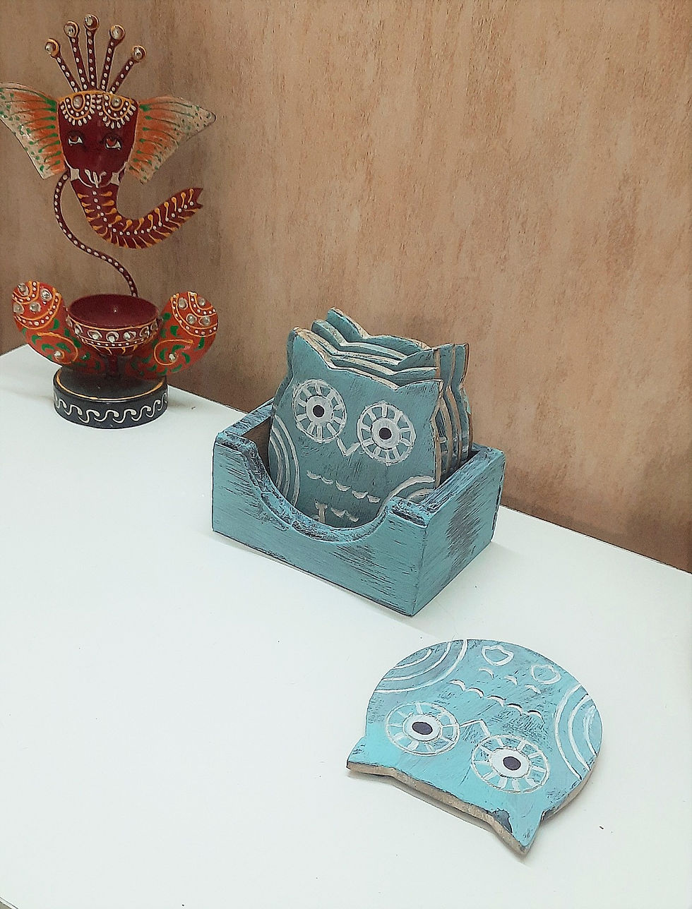 Thumbnail: Coaster set of 6  Hand carving Owl pattern on wood available in two colors
