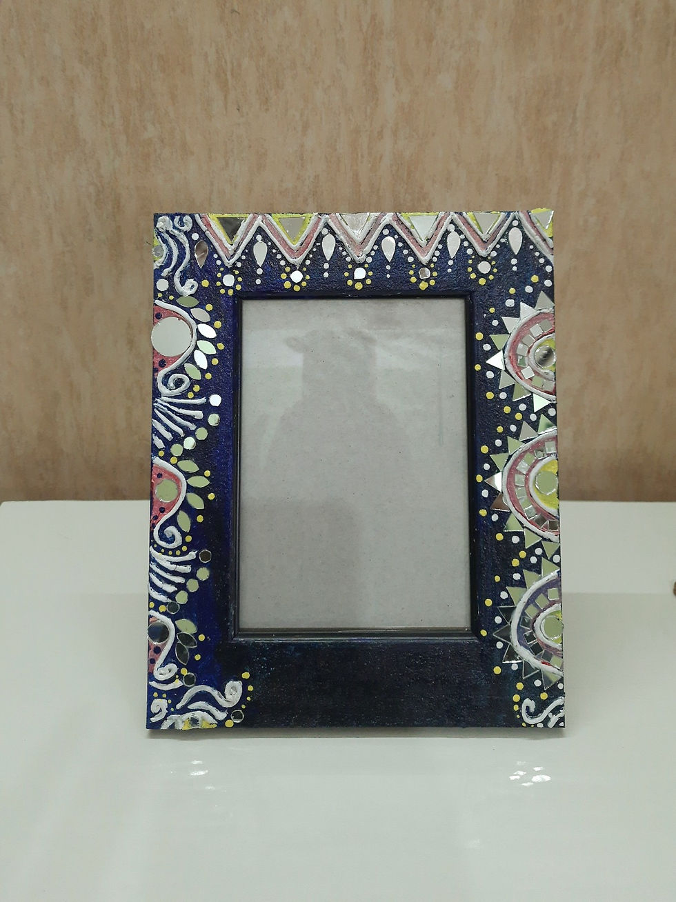 Thumbnail: Photo Frame with Lippan Art & hand made marble Dust fusion (NavyBlue)