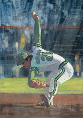 Illustration of a 1970s pitcher mid-windup, retro sports art style with bold textures.