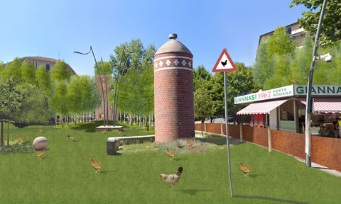 render of a farm inside the city of Milan