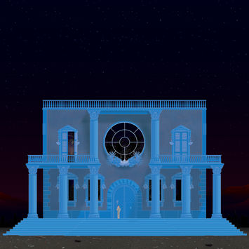 illustration of a blue villa at night