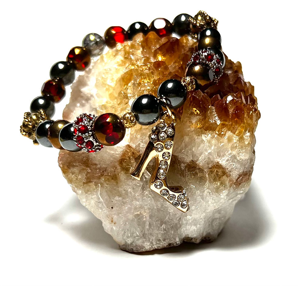 Healing Hematite with Red and Gold beads and Rhinestone Shoe Charm
