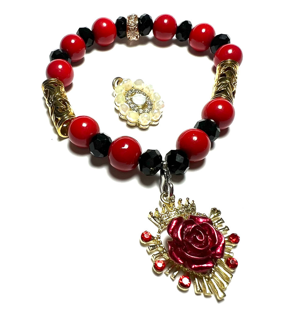 Black and Red mixed beads  with Gold toned interchangeable charms