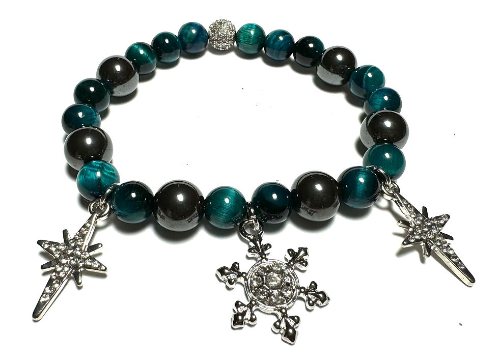 Hematite and Blue Tiger Eye beads with three charms