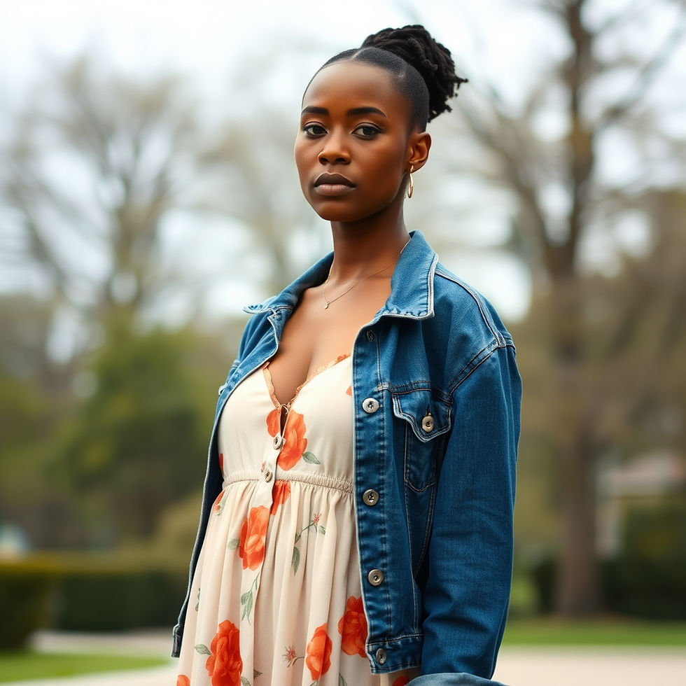 Close-up view of a denim jacket and white sneakers paired with a maxi dress