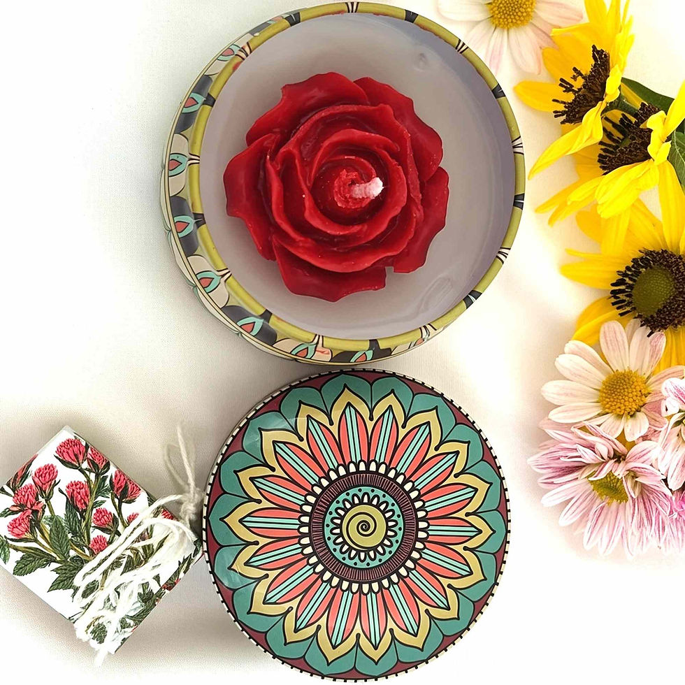 Opaline Aura Rose Blossom Soy Wax Tin Candle with handcrafted red rose flower design in reusable tin jar
