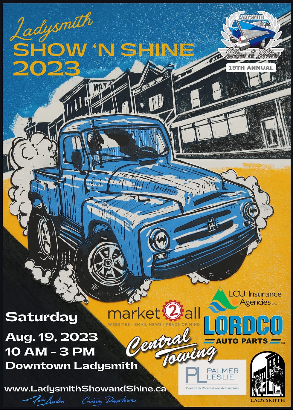 Show and Shine 2023 Poster Sample, features blue truck on yellow and black background with dates and sponsors.