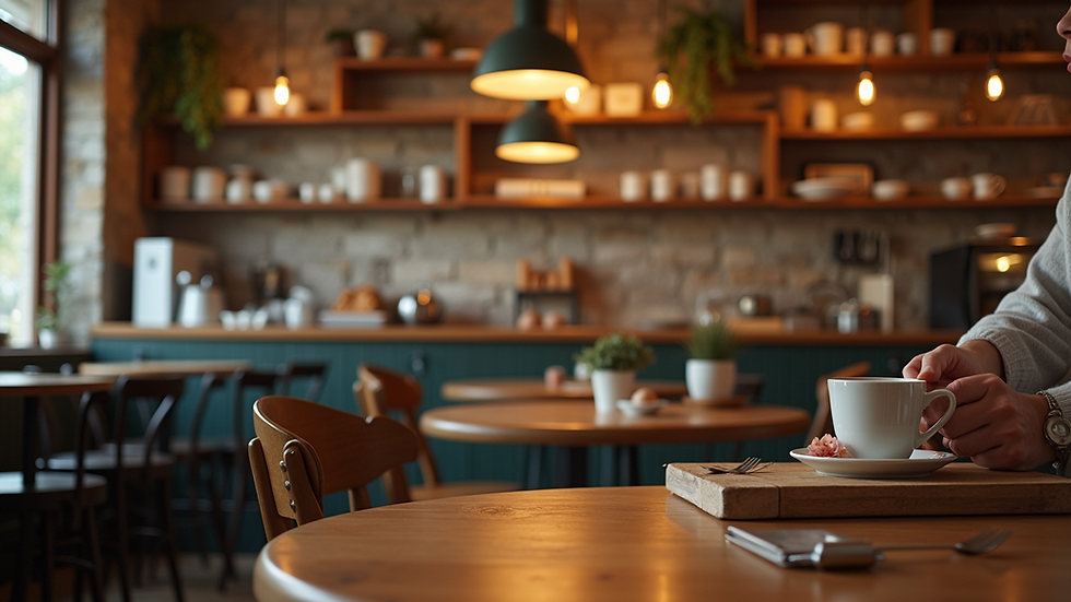 Eye-level view of a cozy café with personalized service elements
