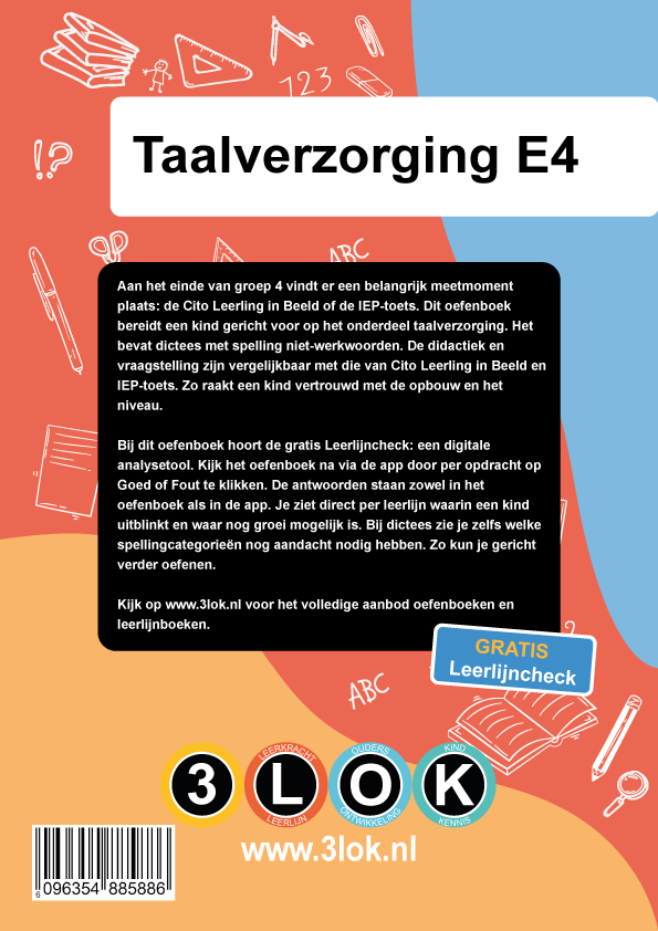 Thumbnail: Achterkant oefenboek taalverzorging groep 4 eind met uitleg over oefenen per leerdoel voor Cito en IEP