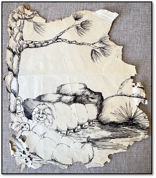 “Sleeping with Millipedes”  10” x 10” Pen on Paper, with torn & burnt edges, yellowed and moth-eaten holes.                                        © 1974  Bunnie Aikens aka.  BJ Keith