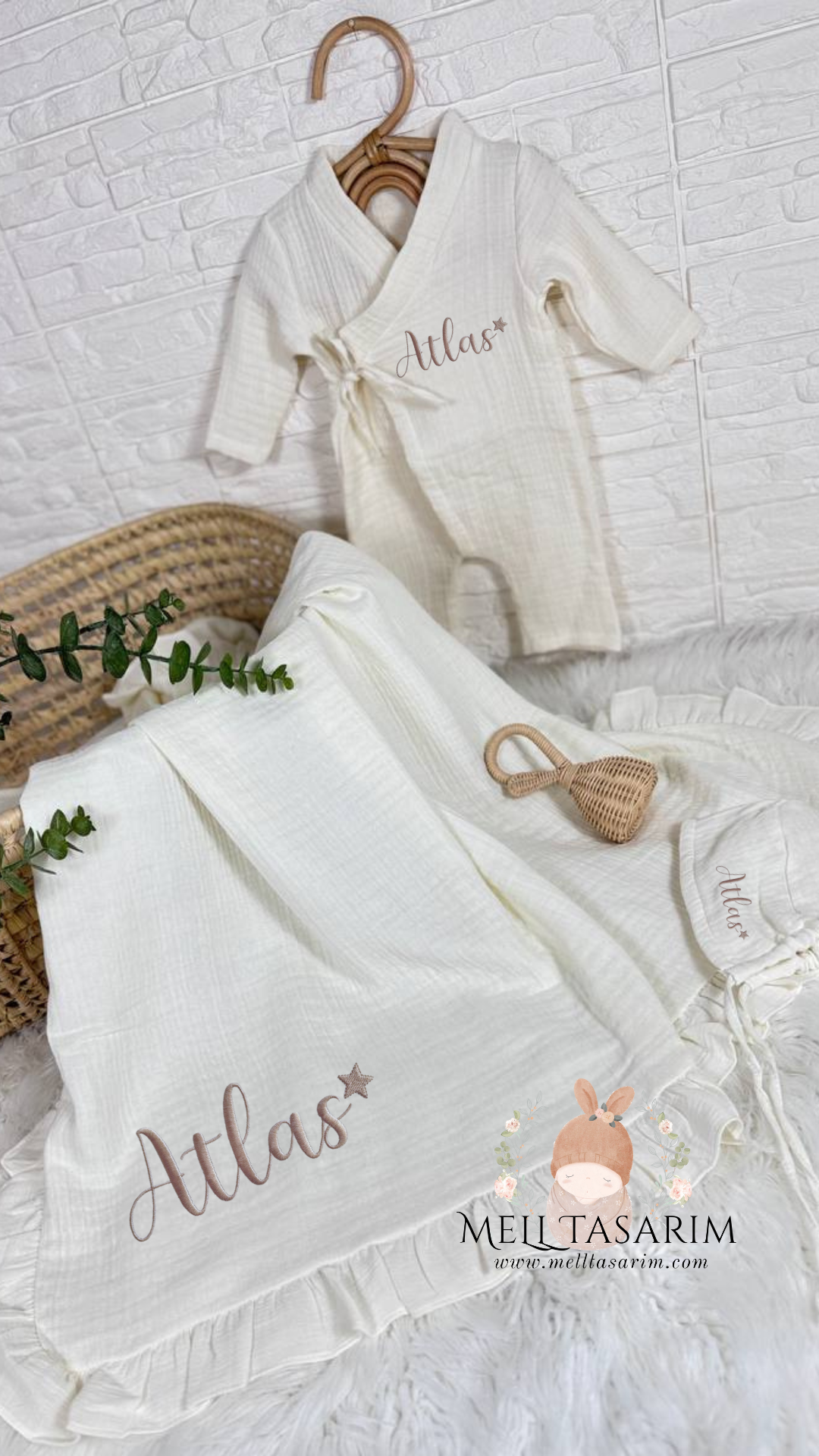 Müslin Kruvaze tulum şapka battaniye 