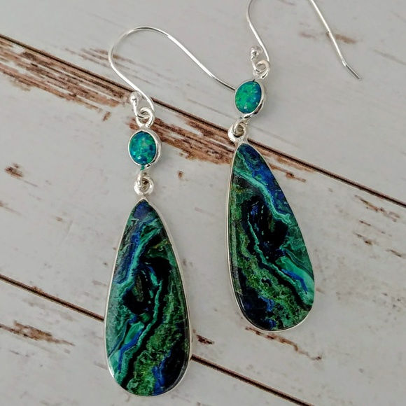 Thumbnail: Rare Azurite In Malachite Earrings