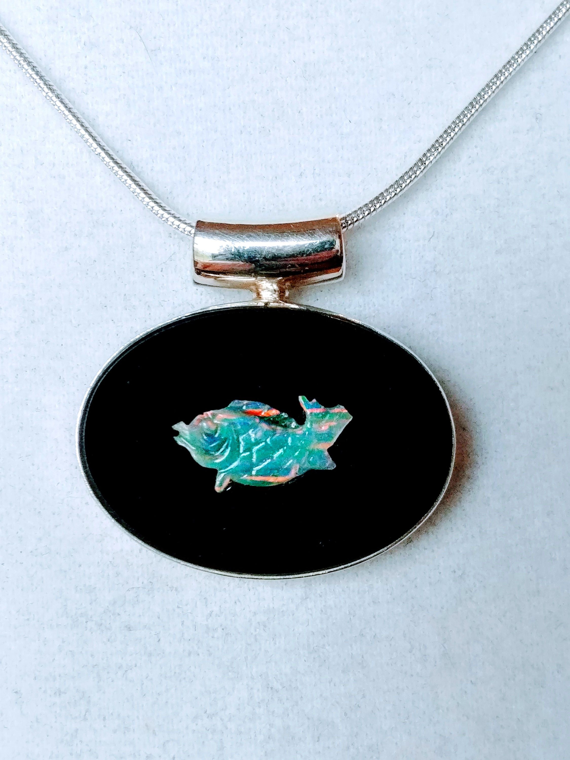 Rainbow Opal & Onyx Fish Pendent