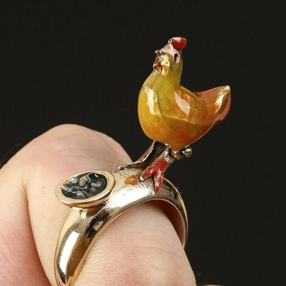 Thumbnail: Sterling & Enamel Moving Chicken Ring