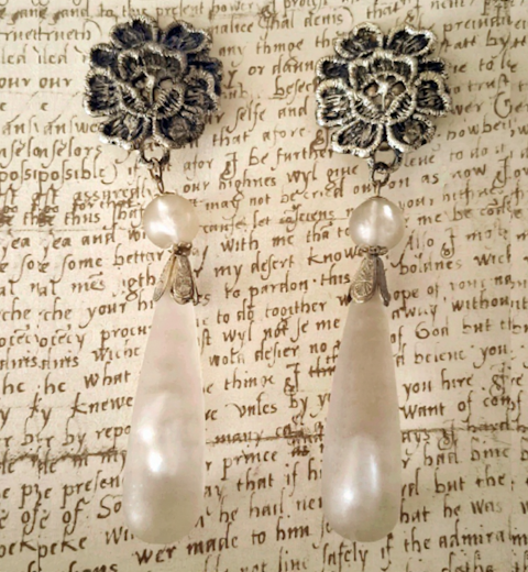 Thumbnail: Vintage long drop clip-on earrings with silver-tone floral tops and translucent drops