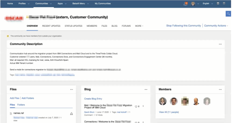 Dashboard interface showing a community page with tabs for files, blog, and members. Text about IBM migration project is visible.