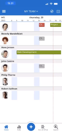 Team schedule app interface showing tasks: "Web Development" for Hans, "Cli..." for others. Blue and green colors indicate different tasks.