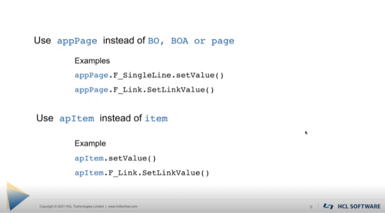 Text slide instructing to use "appPage" instead of "BO, BOA or page," and "apItem" instead of "item," with code examples, HCL branding.