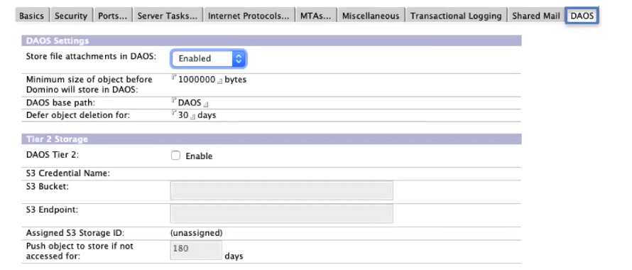 DAOS settings interface displays options like enabling DAOS, object size, storage paths. Fields include S3 credentials and storage IDs.