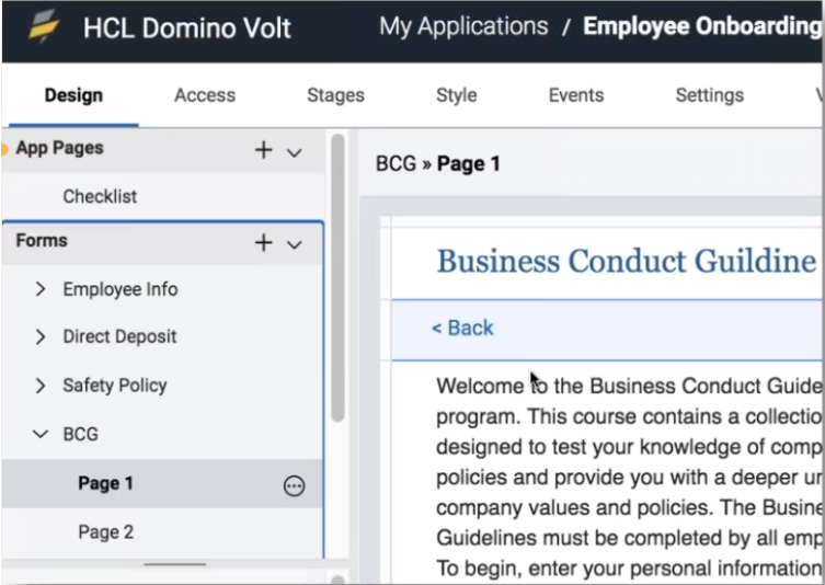 Dashboard view of HCL Domino Volt for Employee Onboarding. Shows navigation sidebar with forms like Employee Info and Direct Deposit. Page 1 content reads Business Conduct Guidelines.