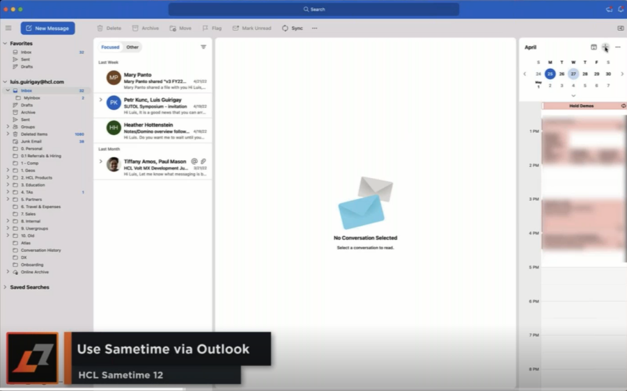Outlook email inbox view with a calendar on the right. "No Conversation Selected" message displayed. "Use Sametime via Outlook" text at bottom.