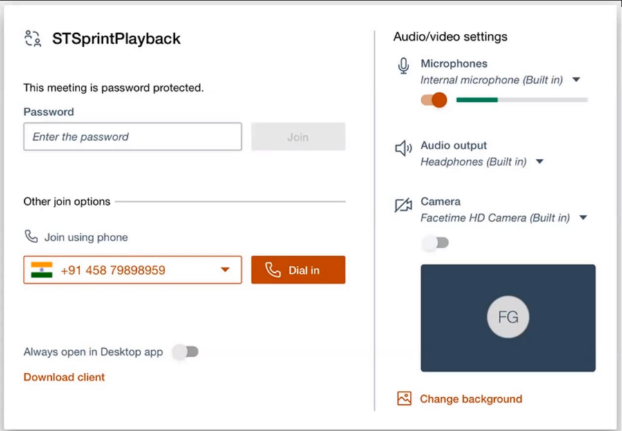 Meeting login screen with password prompt, phone dial-in, microphone, and camera settings. Visible text includes a phone number and join options.