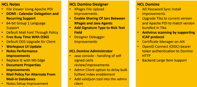 Three yellow boxes list features and improvements for HCL Notes, Domino Designer, and Domino Administrator with bolded headings.