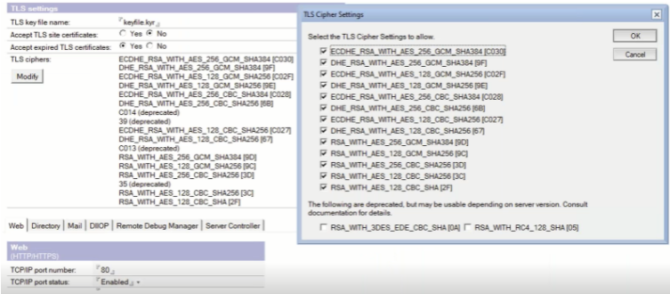 Settings interface showing TLS cipher options for selection on the right. TCP/IP port settings and web options are visible on the left.