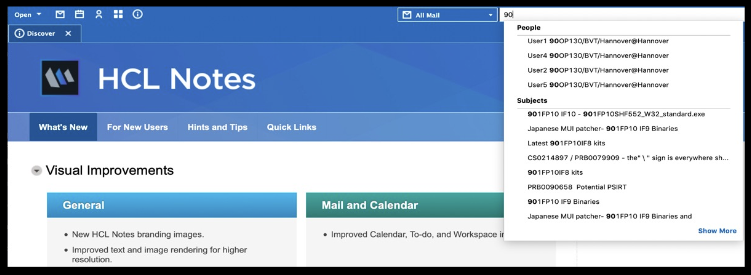 HCL Notes interface with search results for "90". Menu includes options like "What's New" and "All Mail". Blue and white theme with visible search suggestions.