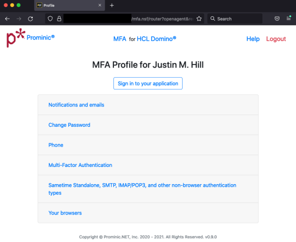 Webpage showing MFA Profile for Justin M. Hill with options like Notifications, Change Password, and Sign in. Prominic logo at top.