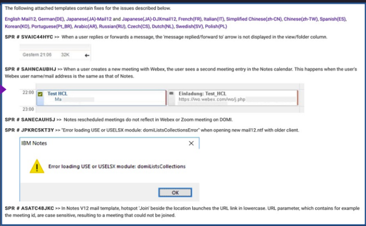 Text with error messages and solutions for IBM Notes, showcasing various language templates and highlighted "Error loading USE or USELSX" alert.