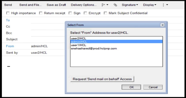 Email interface showing a "Select From" window with user options. Blue highlighted selection and "OK" button visible. Neutral tone.