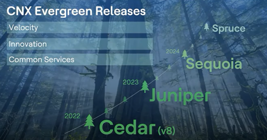 Text "CNX Evergreen Releases" over a forest. Timeline shows Cedar (v8) 2022, Juniper 2023, Sequoia 2024. Words: Velocity, Innovation, Common Services.