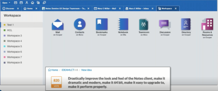 Computer screen showing a navigation bar with icons labeled Mail, Contacts, Bookmarks. A sidebar lists several workspaces. Text below suggests improving a software's look and performance.