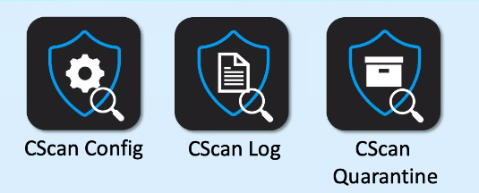 Three black icons with blue shield outlines: gear labeled CScan Config, document labeled CScan Log, and box labeled CScan Quarantine.
