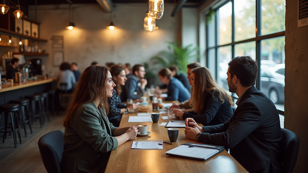 High angle view of a bustling café filled with engaged discussions and brainstorming sessions