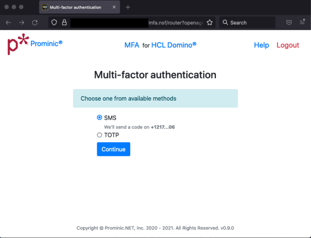Multi-factor authentication page with SMS and TOTP options. "Continue" button visible. Prominic logo at top left, Help and Logout options in blue and red.
