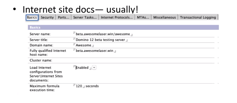Website settings screen showing server details. Tabs include Security, Ports, and more. Title: Domino 12 beta testing server.