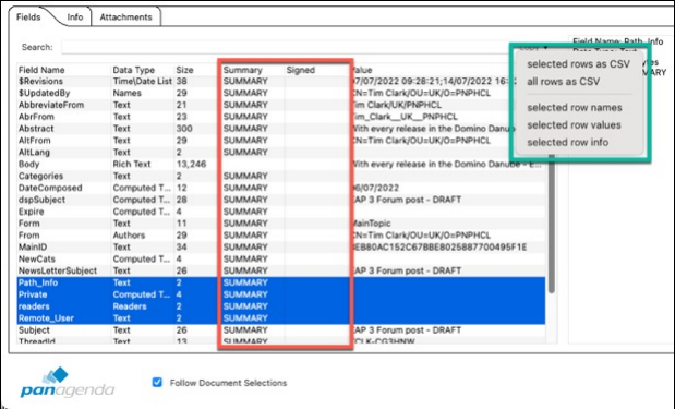 Spreadsheet interface with columns labeled Field Name, Data Type, Size. Panel on right offers CSV export options. Panagenda logo at bottom.