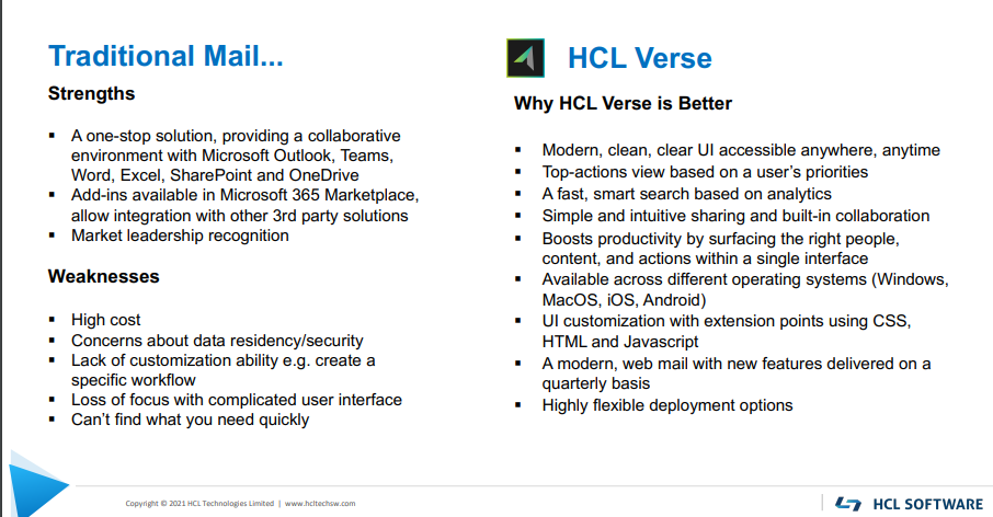 Comparison chart of Traditional Mail and HCL Verse. Lists strengths, weaknesses, and benefits. Blue and black text on a white background.