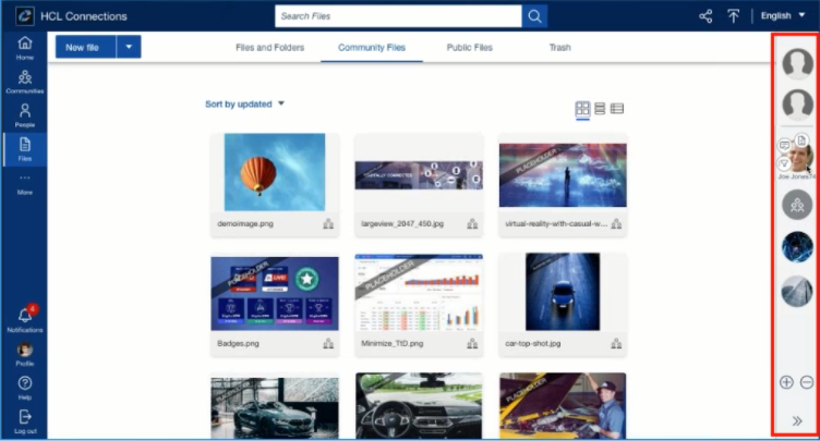 Online file manager interface showing thumbnail images, file names, and user icons on the right. Blue and white design with a search bar.